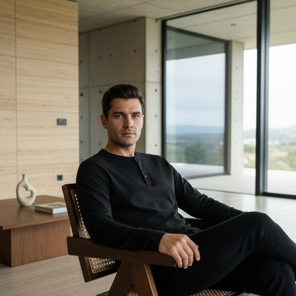 Long Sleeve Henley T Shirt - Black - Side Profile