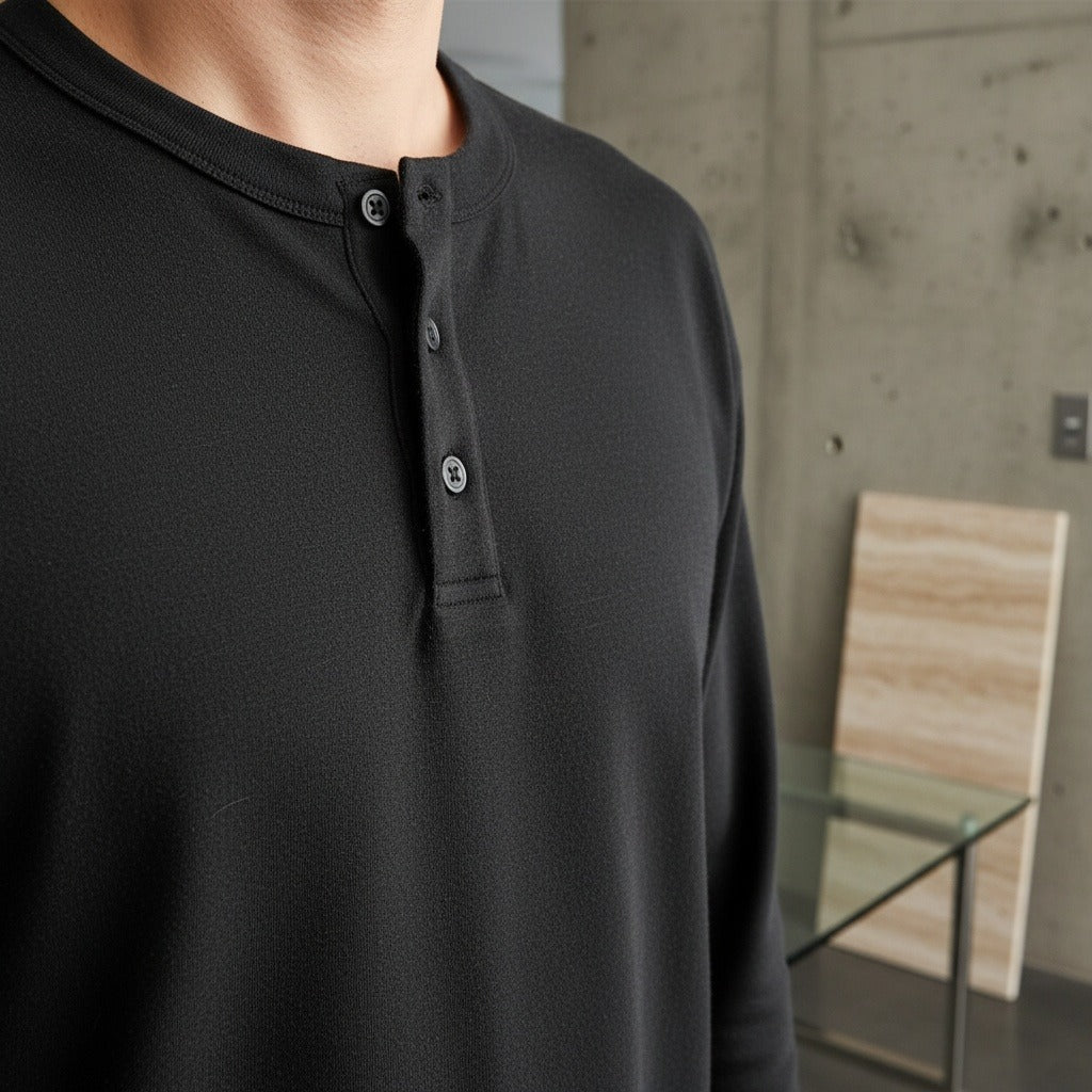Long Sleeve Henley T Shirt - Black - Back View