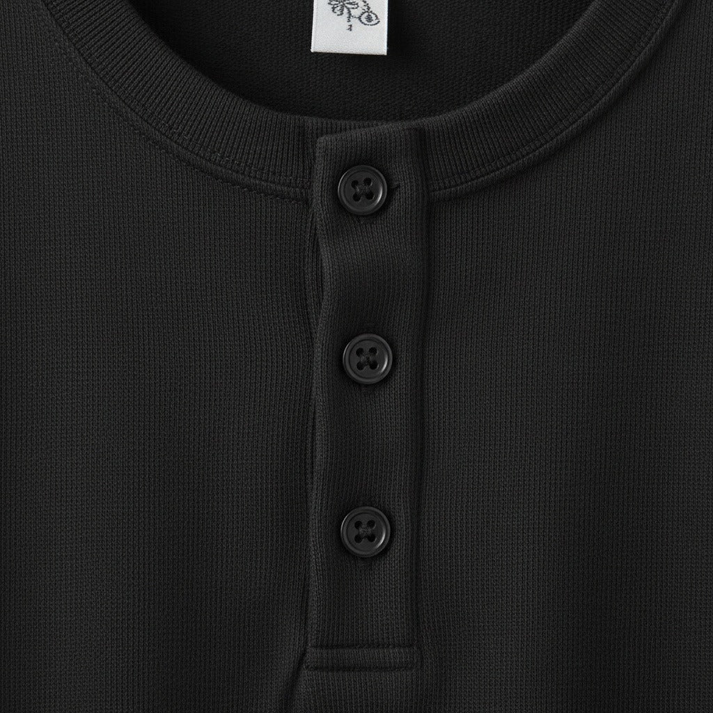 Long Sleeve Henley T Shirt - Black - Texture Close Up