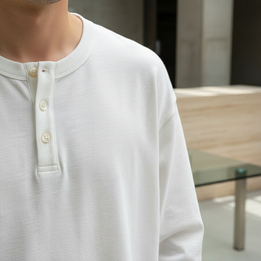Long Sleeve Henley T Shirt - White - Back View