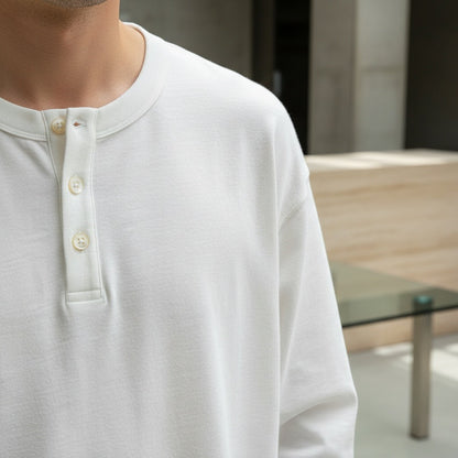 Long Sleeve Henley T Shirt - White - Back View