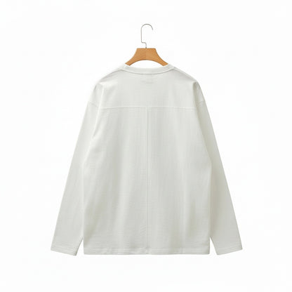 Long Sleeve Henley T Shirt - White - Fabric Detail