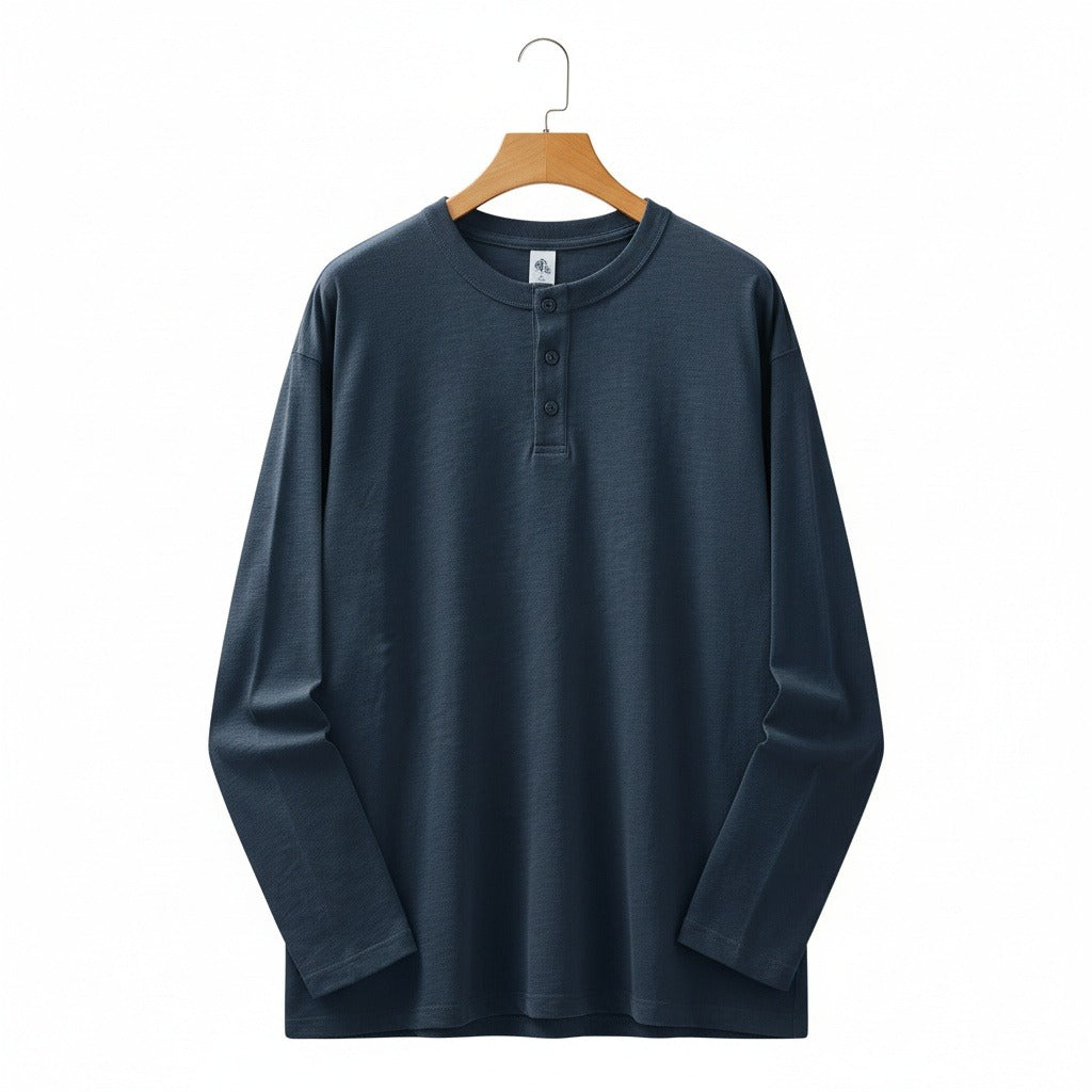 Long Sleeve Henley T Shirt - Dark Slate Blue - Front View