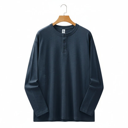 Long Sleeve Henley T Shirt - Dark Slate Blue - Front View