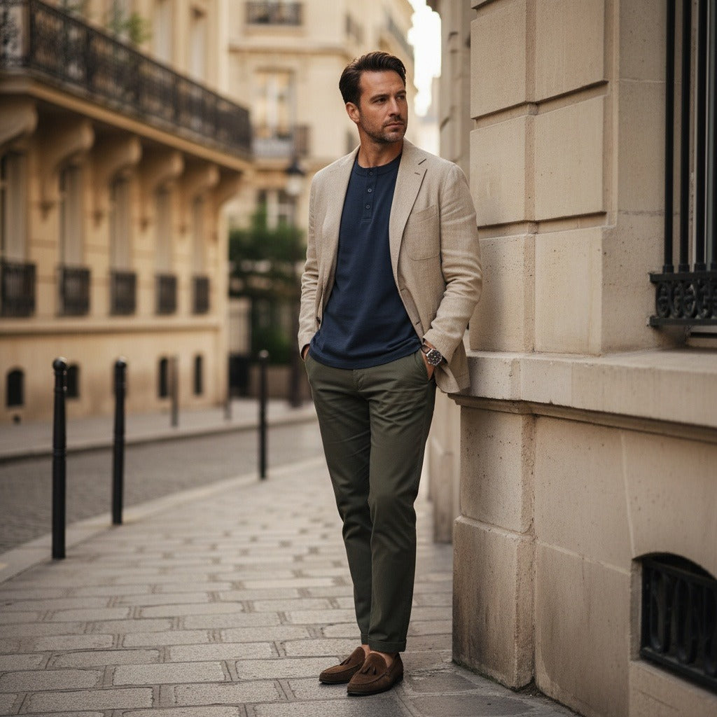 Long Sleeve Henley T Shirt - Dark Slate Blue - Angled Shot