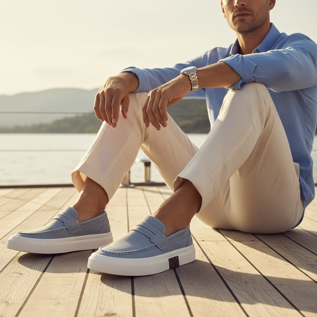 Low Slip On Shoes - Denim Blue - Angled Shot