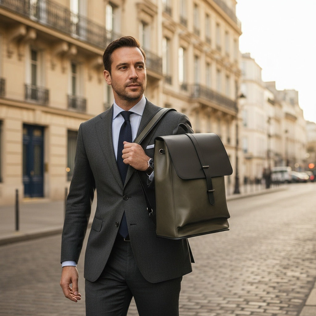 Men's Backpack for Work - Olive Green - Angled Shot