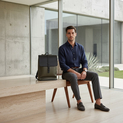 Men's Backpack for Work - Olive Green - Side Profile