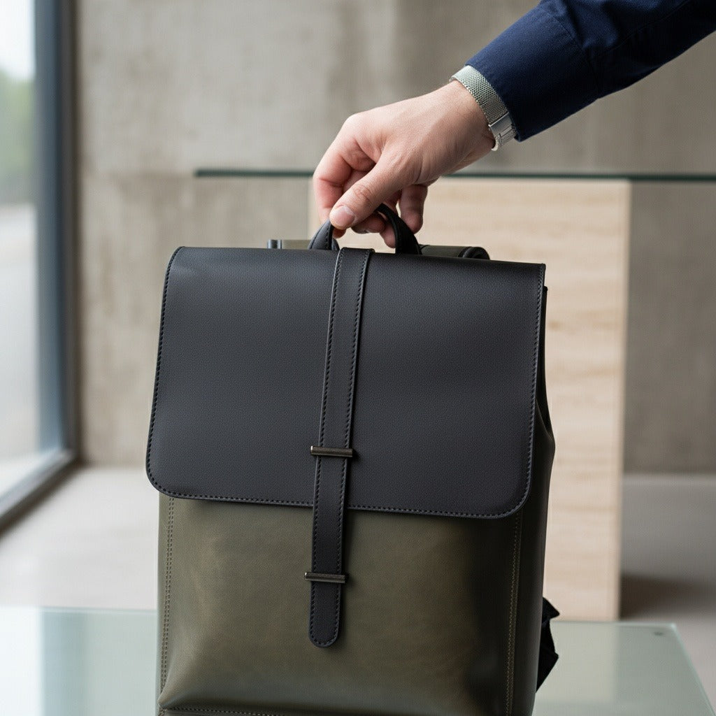 Men's Backpack for Work - Olive Green - Back View