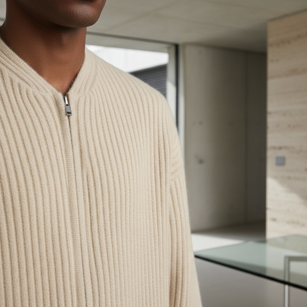 Mens Beige Zip Cardigan