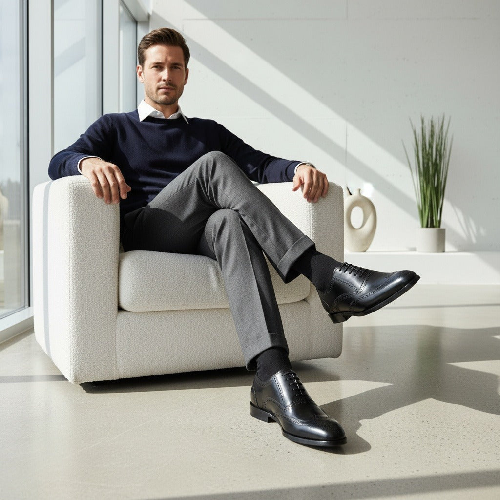 Mens Black Brogue Shoes - Black - Side Profile