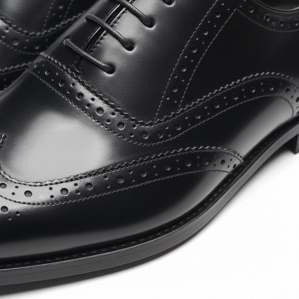 Mens Black Brogue Shoes - Black - Texture Close Up