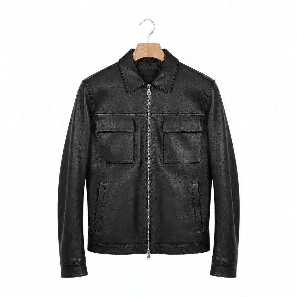 Mens Black Leather Harrington Jacket - Black - Front View