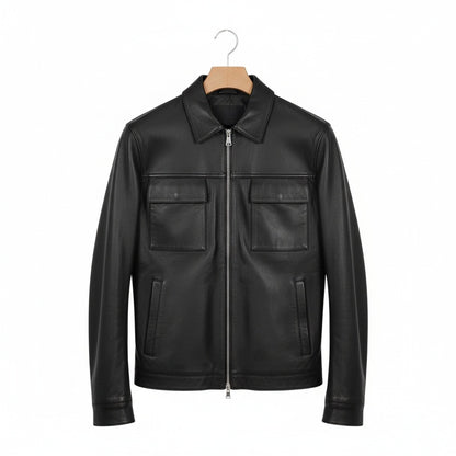 Mens Black Leather Harrington Jacket - Black - Front View