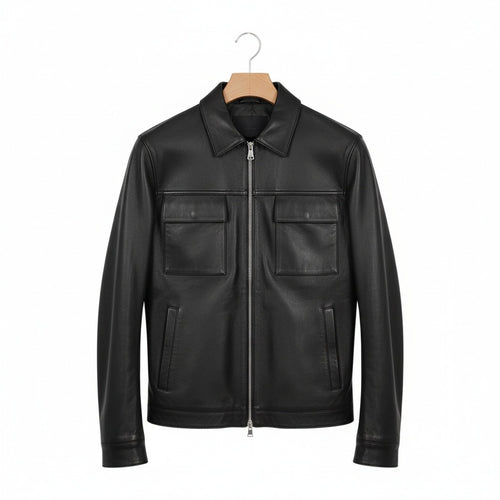Mens Black Leather Harrington Jacket - Black - Front View