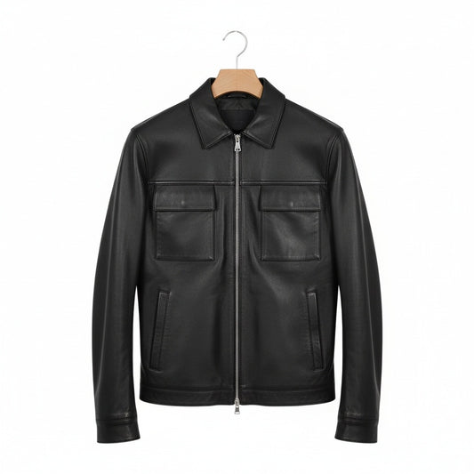 Mens Black Leather Harrington Jacket - Black - Front View
