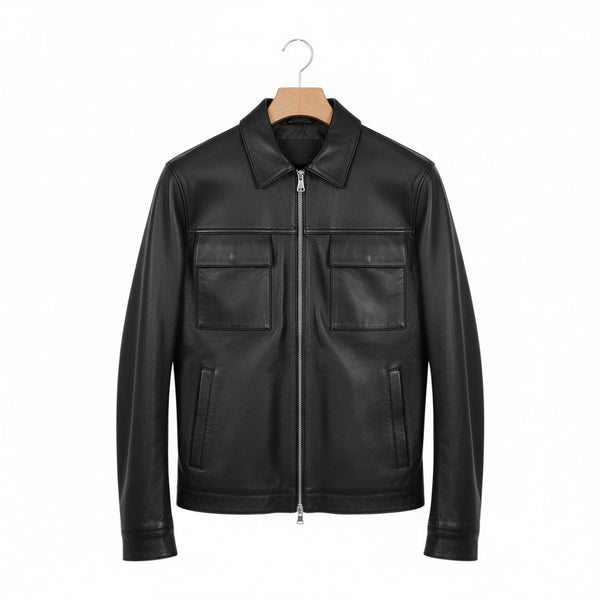 Mens Black Leather Harrington Jacket - Black - Front View