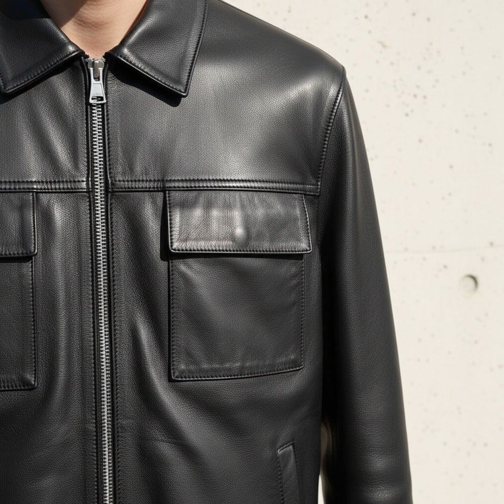 Mens Black Leather Harrington Jacket - Black - Back View