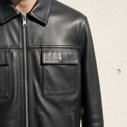 Mens Black Leather Harrington Jacket - Black - Back View