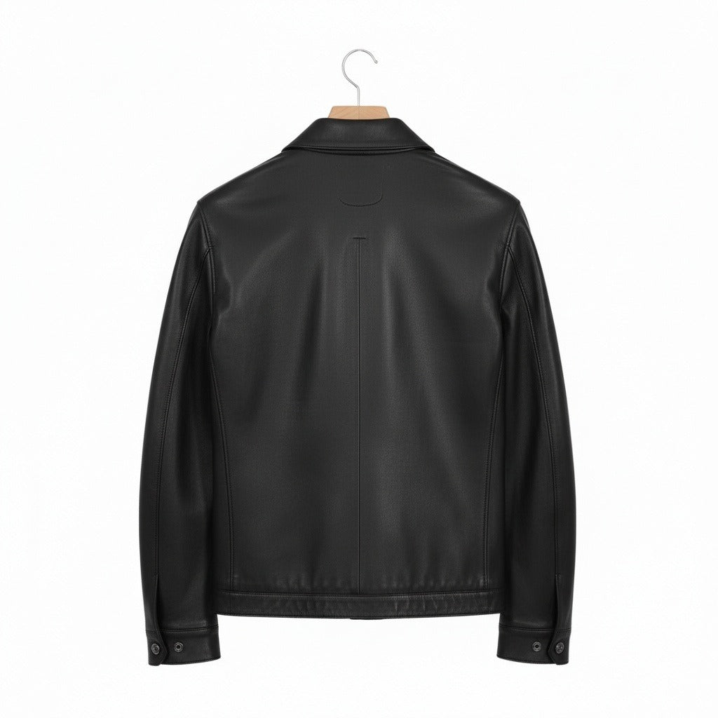 Mens Black Leather Harrington Jacket - Black - Fabric Detail