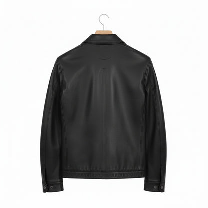 Mens Black Leather Harrington Jacket - Black - Fabric Detail