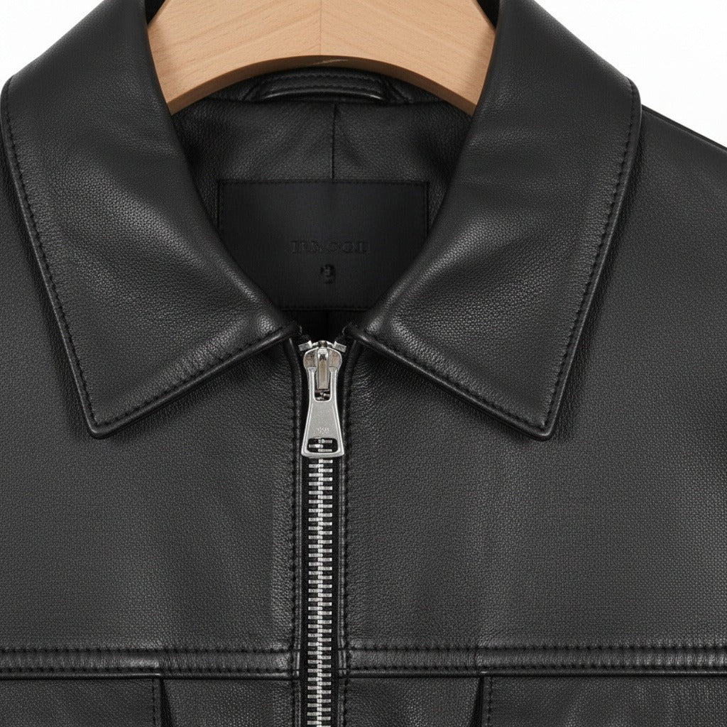 Mens Black Leather Harrington Jacket - Black - Texture Close Up