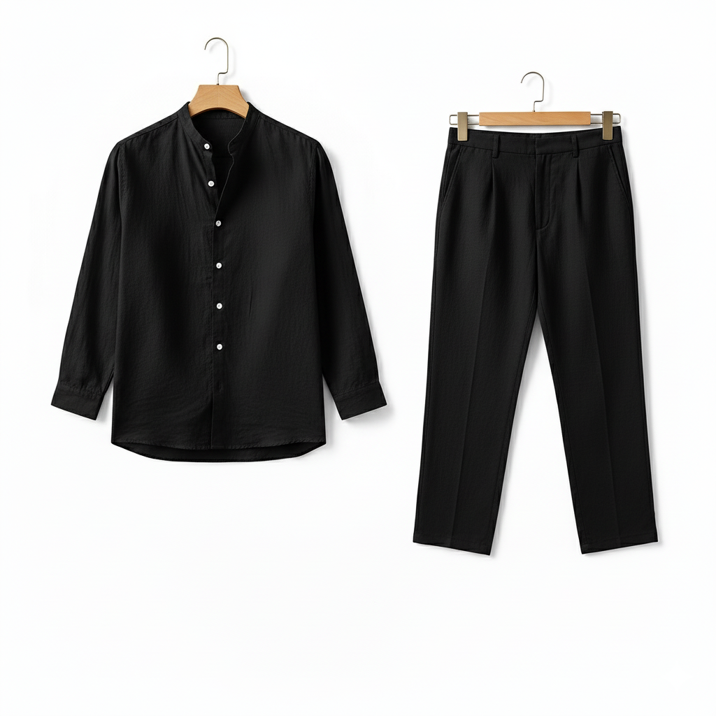 Mens Black Linen Set - Black - Front View