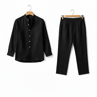 Mens Black Linen Set - Black - Front View