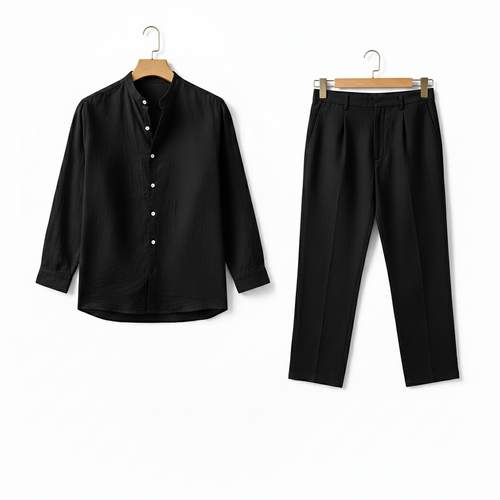 Mens Black Linen Set - Black - Front View