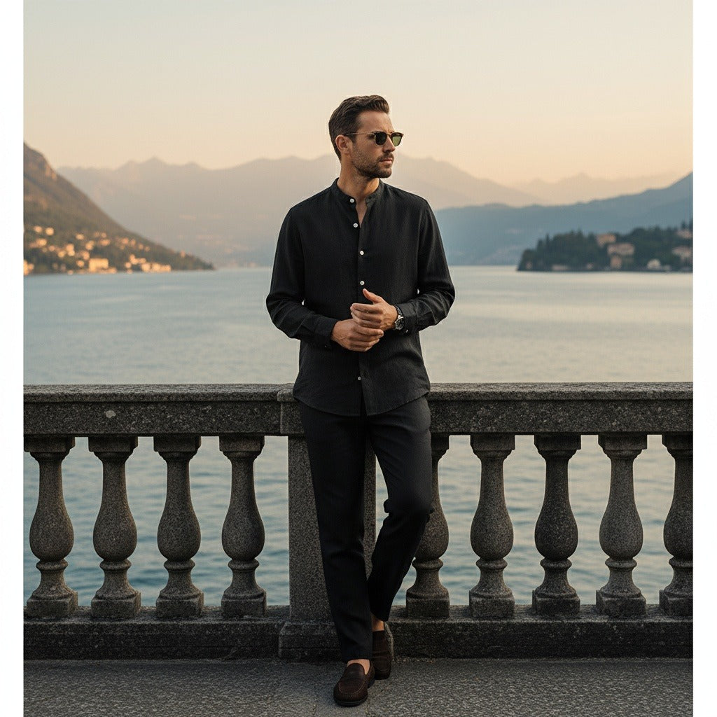 Mens Black Linen Set - Black - Angled Shot