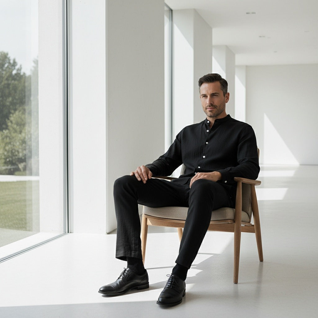 Mens Black Linen Set - Black - Side Profile