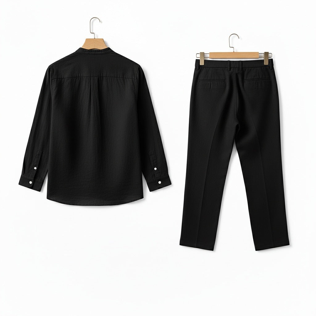 Mens Black Linen Set - Black - Fabric Detail
