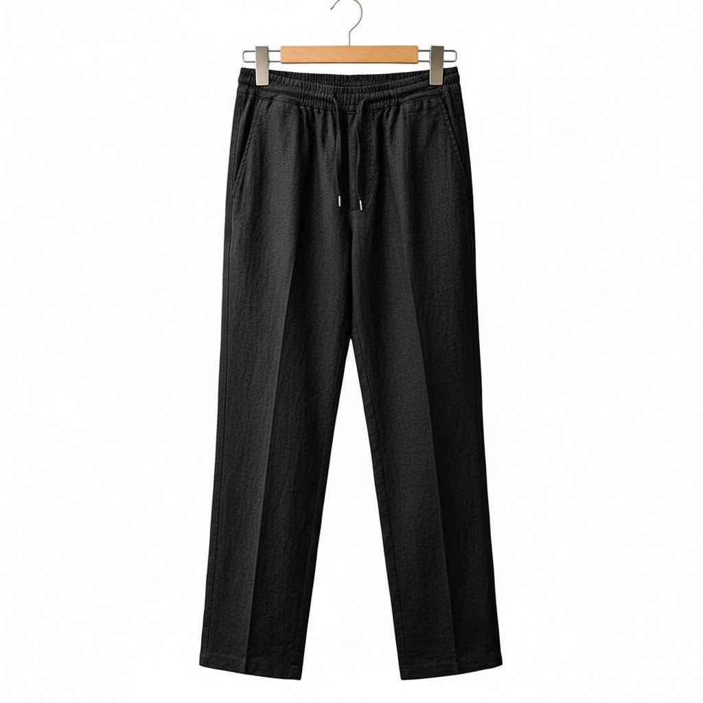 Mens Black Linen Trousers - Black - Front View