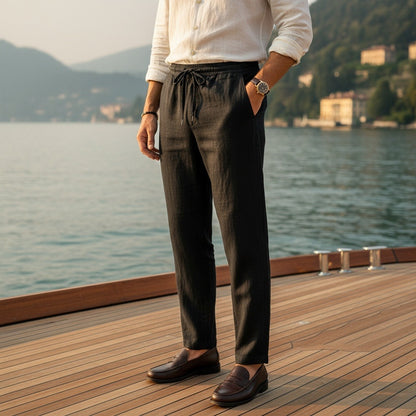 Mens Black Linen Trousers - Black - Angled Shot