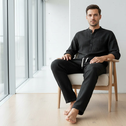 Mens Black Linen Trousers - Black - Side Profile