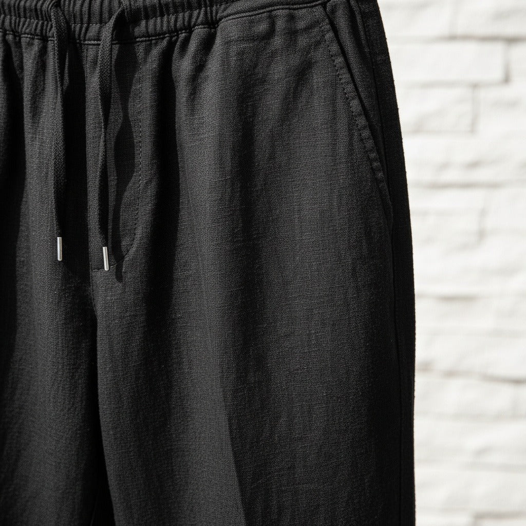Mens Black Linen Trousers - Black - Back View