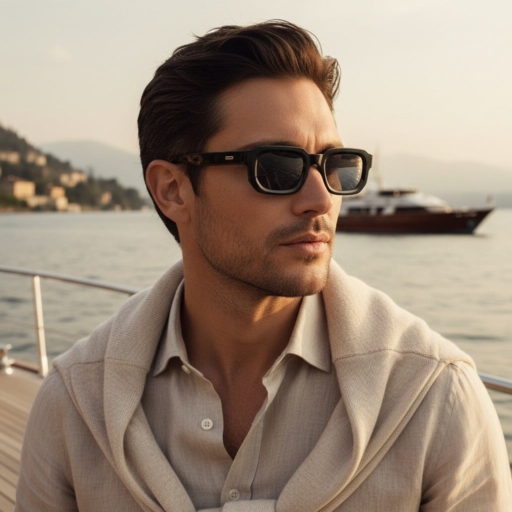 Men's Black Rectangular Sunglasses - Black - Angled Shot