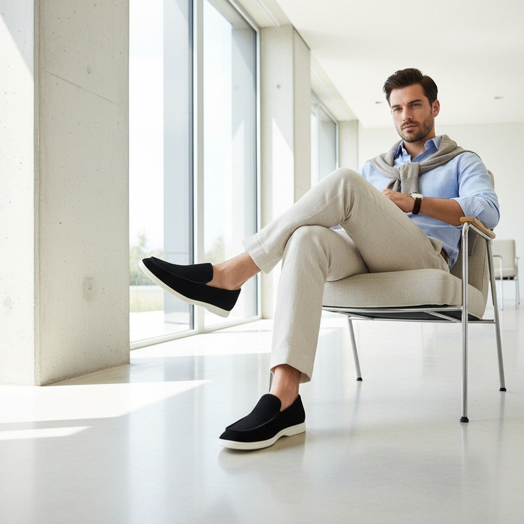 Mens Black Suede Loafers - Black - Side Profile