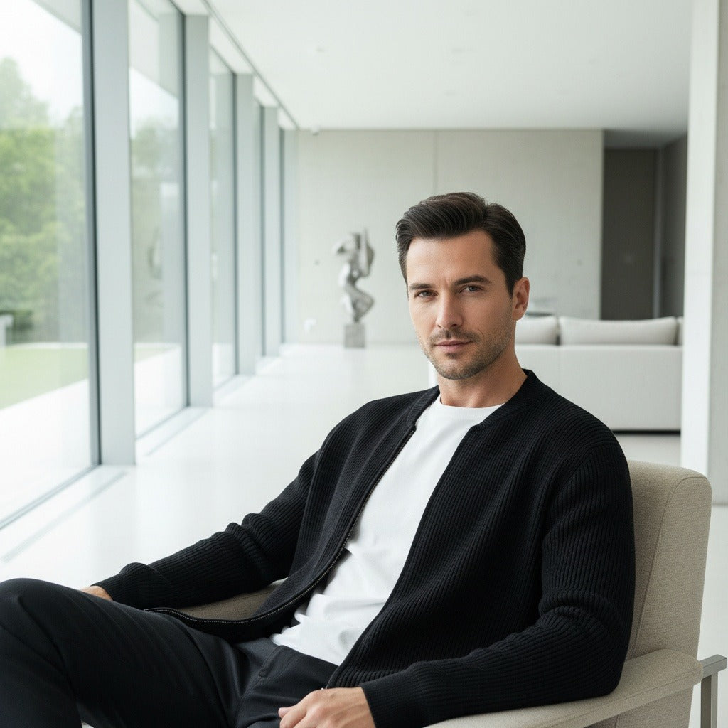 Mens Black Zip Cardigan - Black - Side Profile