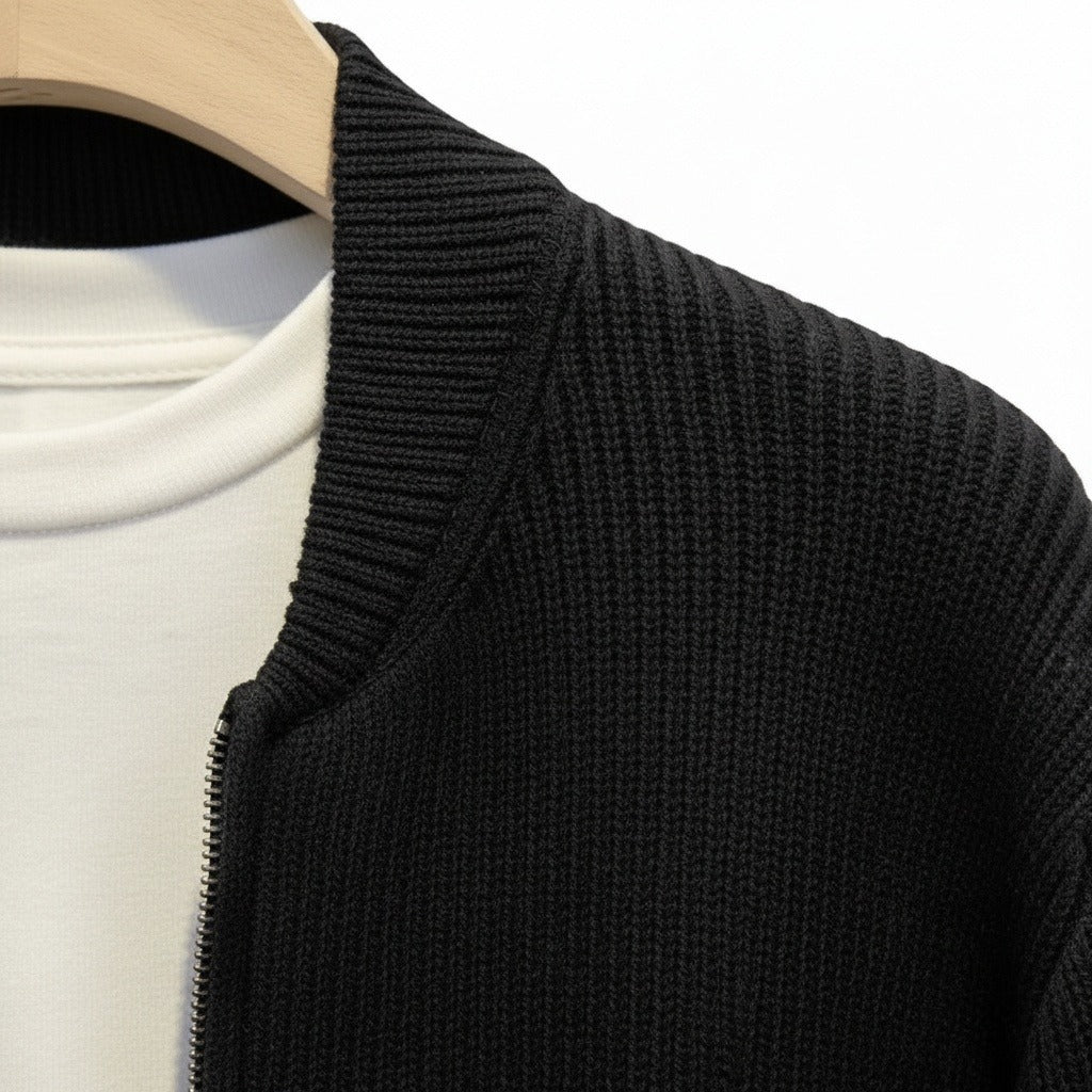 Mens Black Zip Cardigan - Black - Texture Close Up