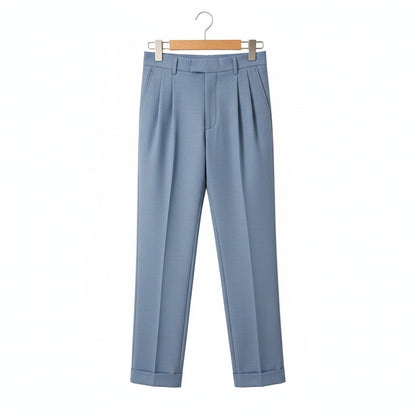 Mens Blue Pleated Trousers - Blue - Front View