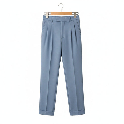 Mens Blue Pleated Trousers - Blue - Front View
