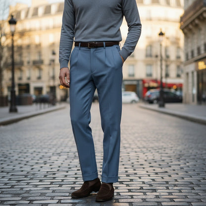 Mens Blue Pleated Trousers - Blue - Angled Shot