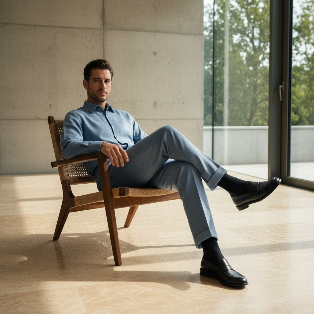 Mens Blue Pleated Trousers - Blue - Side Profile