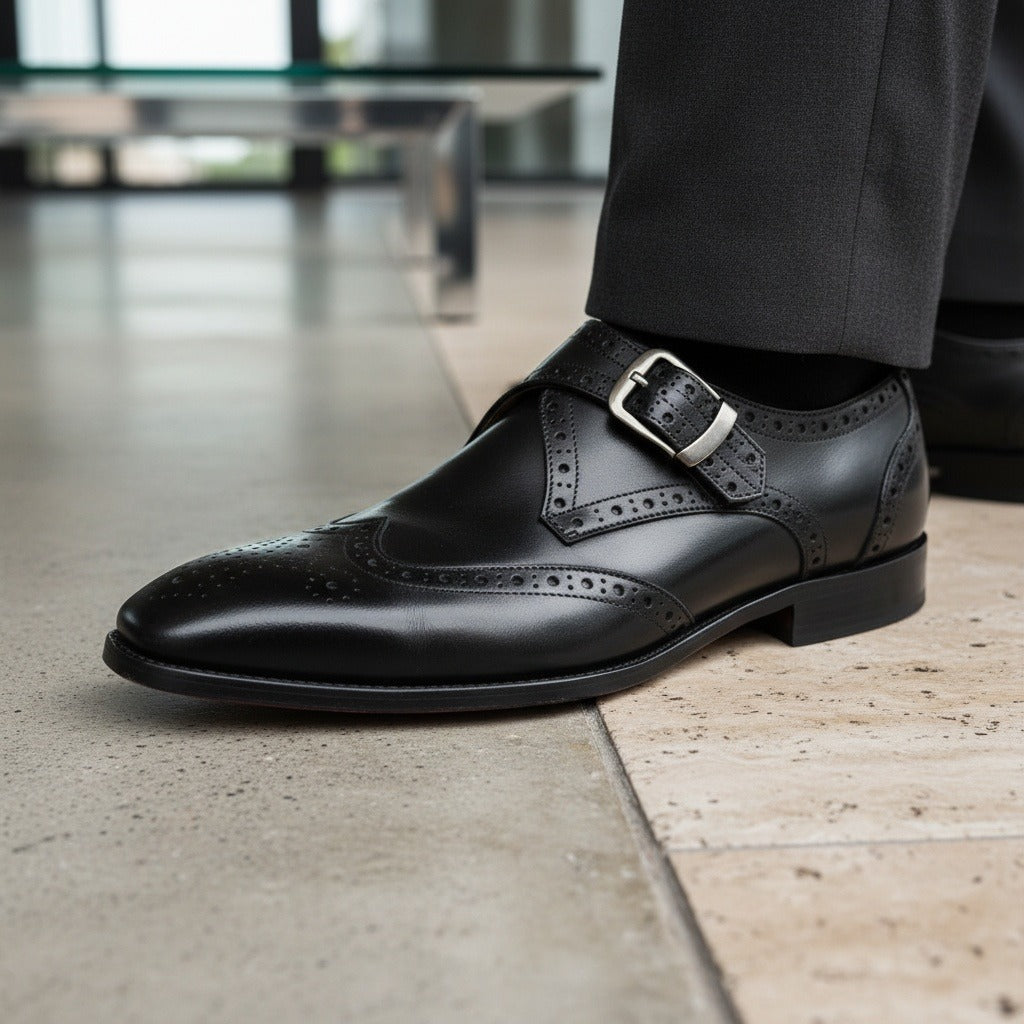 Mens Brogue Monk Shoes - Black - Back View