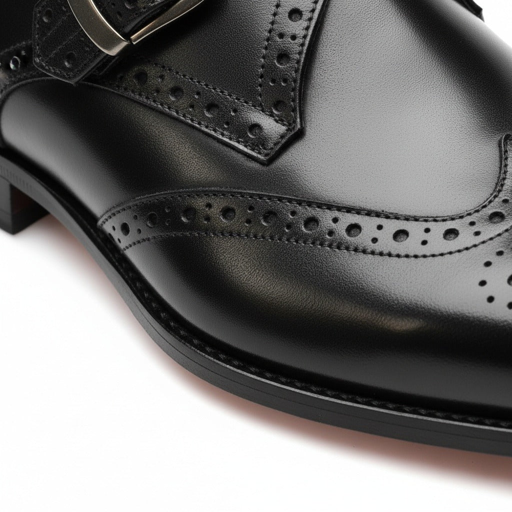 Mens Brogue Monk Shoes - Black - Texture Close Up