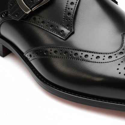 Mens Brogue Monk Shoes - Black - Texture Close Up