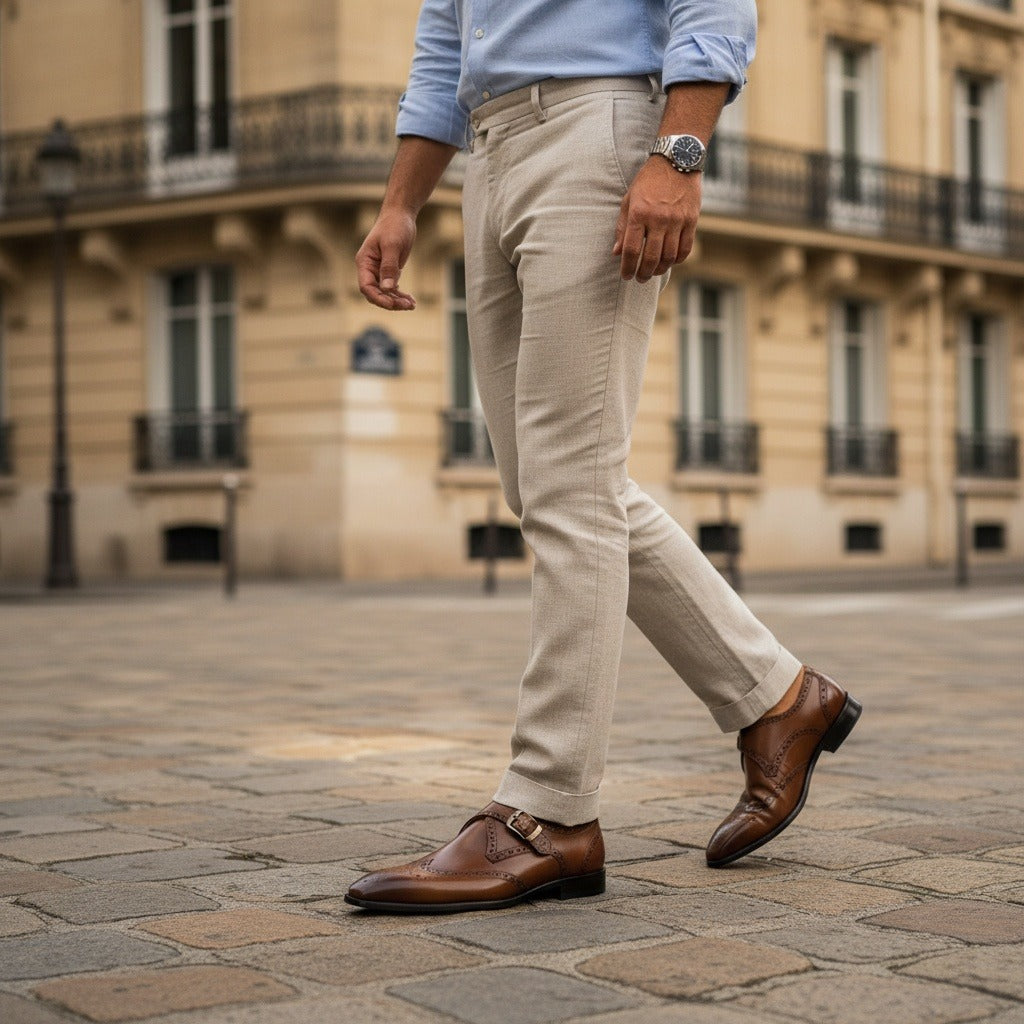 Mens Brogue Monk Shoes - Tan - Angled Shot