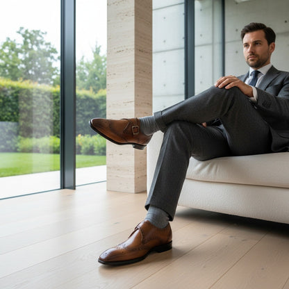 Mens Brogue Monk Shoes - Tan - Side Profile