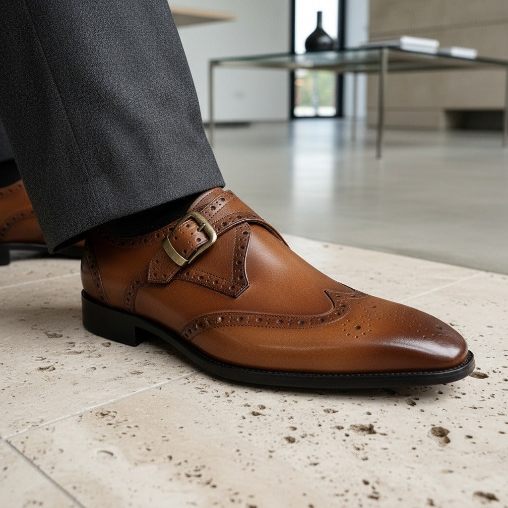 Mens Brogue Monk Shoes - Tan - Back View